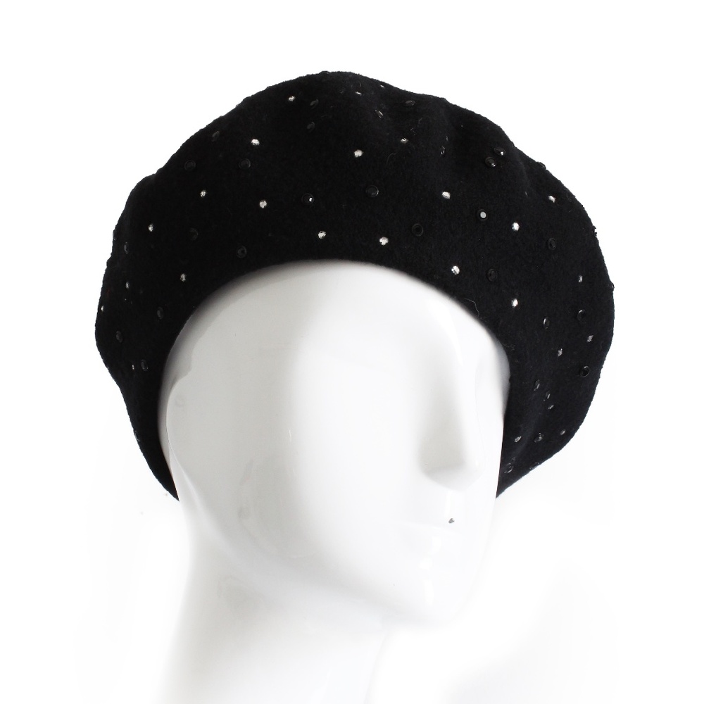 Norma Kamali OMO Hat Beret Black Wool Embellished Rare Retro Vintage 80s